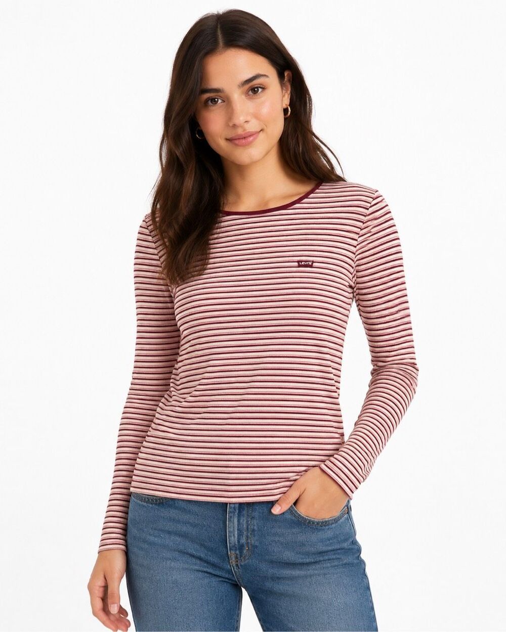 Levi’s Pink Striped Ribbed Long Sleeve Slim Fit Top Large Cotton Blend NWT